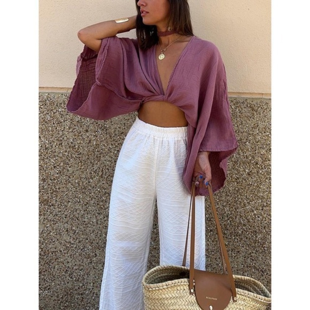 Commense Tie-Front Long Sleeve Cropped Blouse fuchsia size S